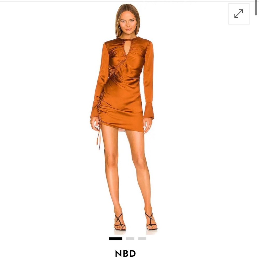 NBD Silk Effect Long Sleeve Slip Dress Ruching Caramel Small 4
